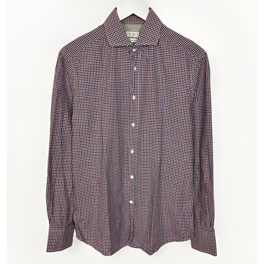 Brunello Cucinelli Mens M Red Blue Check Dress Shirt Spread Collar Slim Italy
